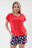 Пижама женская из футболки и шорт из кулирки Алиса березка красный (Фото 1)